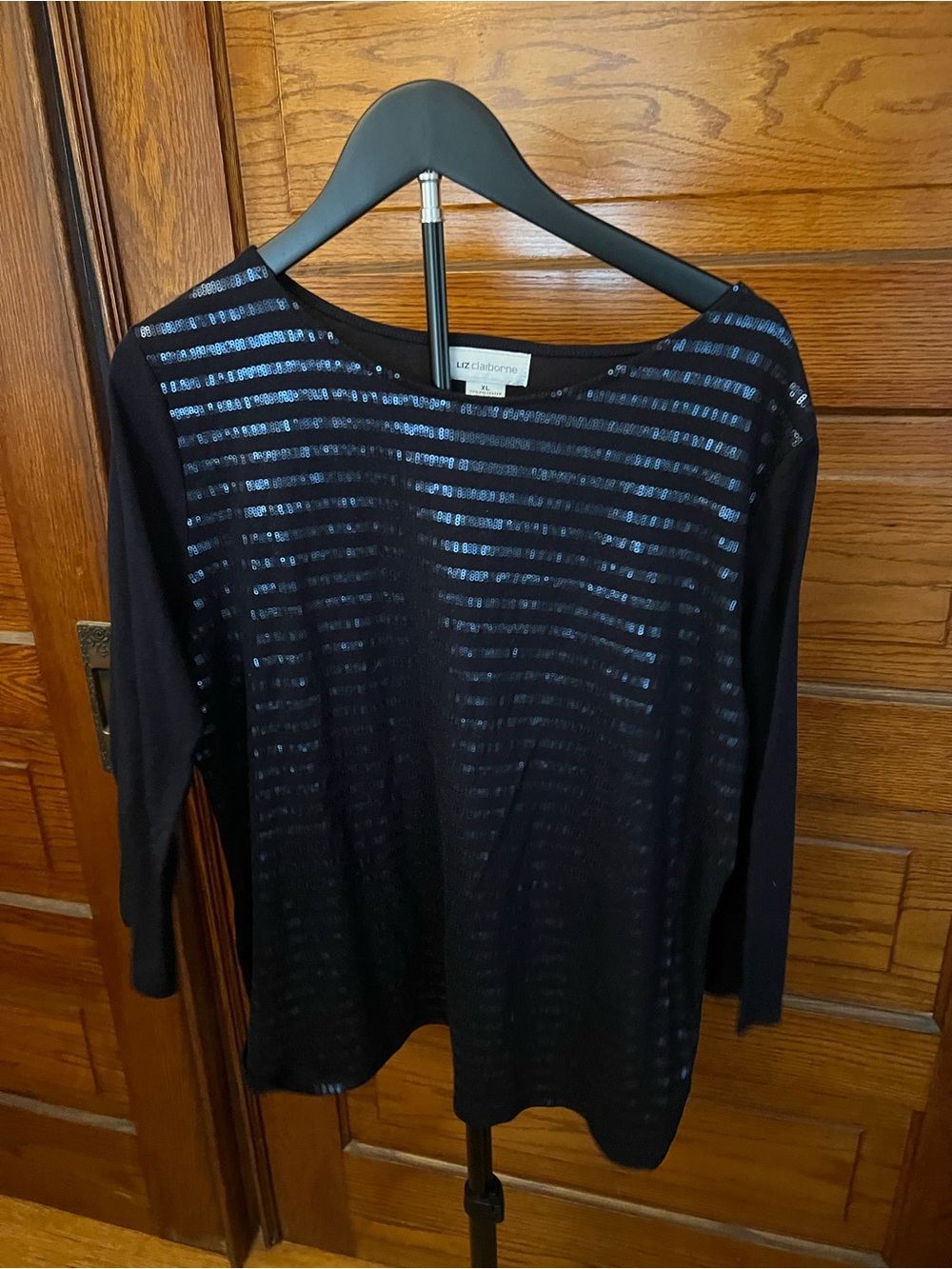 Liz Claiborne Navy Blue Long-Sleeve Sequin Stripe Top